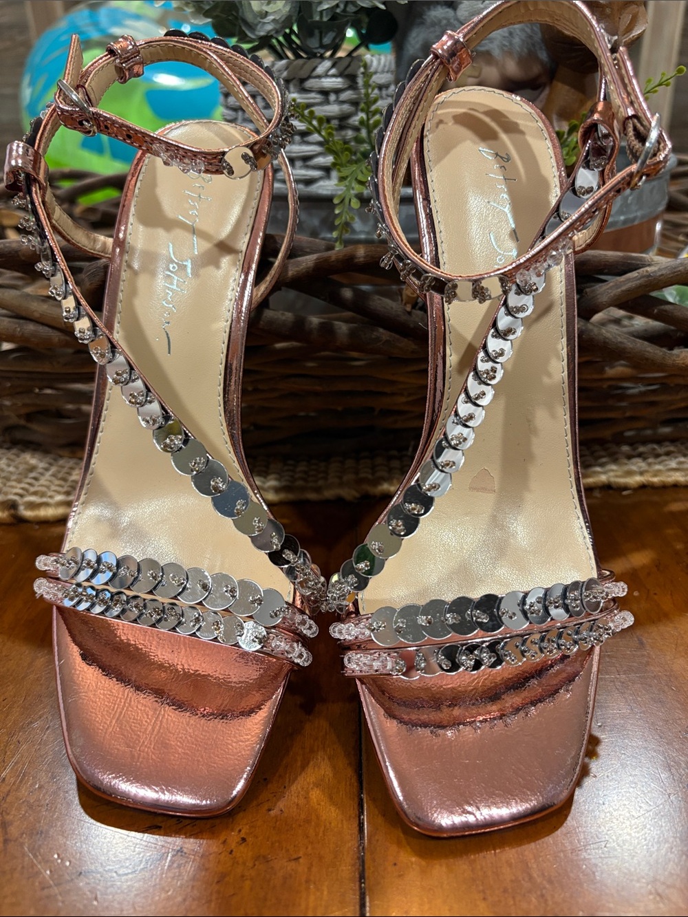 Betsy Johnson Rose Gold Sequin T-Strap Women's Sandals